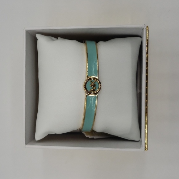1606- MICHAEL Michael Kors Haute Gold Tone AQUA Enamel Bangle Bracelet NWT - Picture 8 of 10
